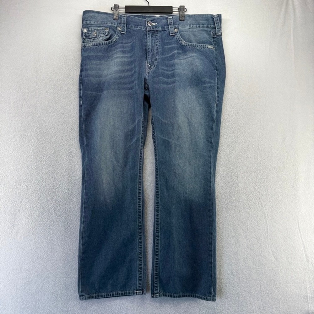 True Religion Jeans Mens 42x33 Blue Straight Dark Wash Whisker Faded Flap Pocket